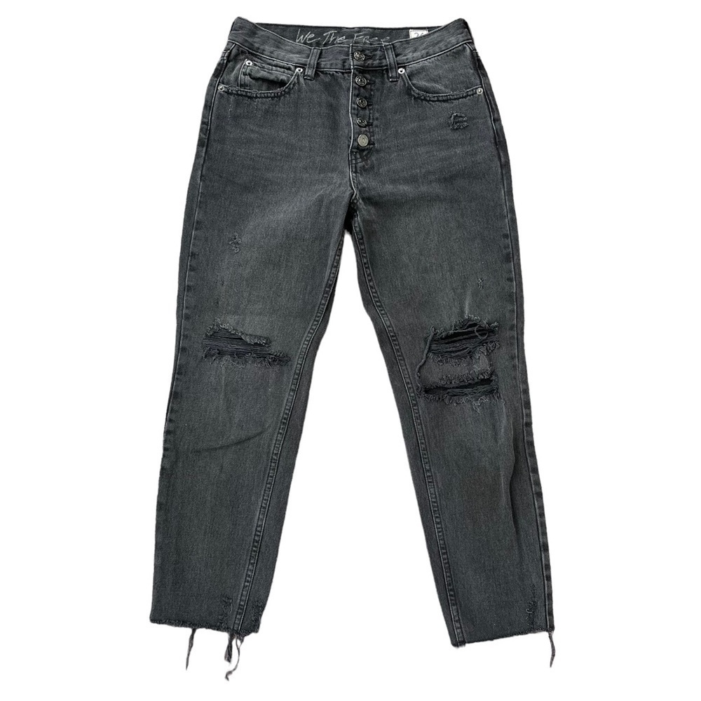 Free People Women’s Black Distressed High Waisted Straight Leg Mom Jeans size 26